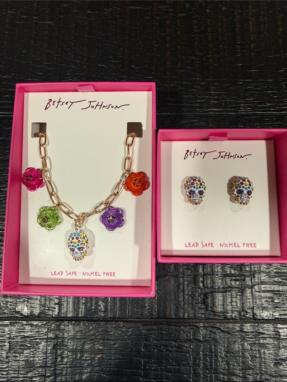 Betsey Johnson Multicolor Sugar Skull Necklace & Earring Set